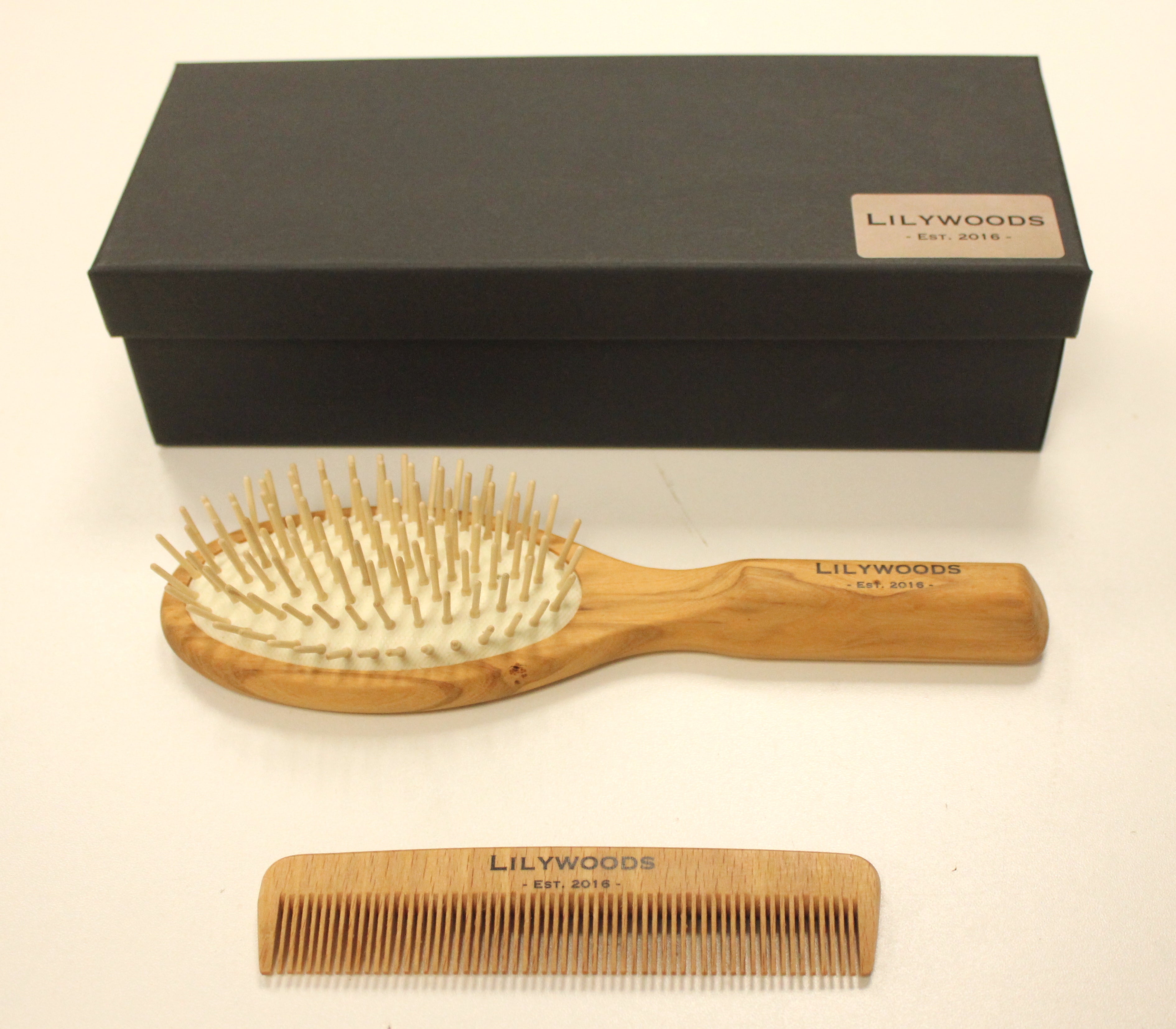 Hair Brush & Comb Gift Set - Hair Brush with Wooden Pins and Cushion & Natural Wooden Comb